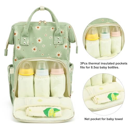 Yusudan Corduroy Diaper Bag Backpack for Baby Girls Boys, Women Large Nappy Bags for Mom (Green Corduroy Daisy) - Image 3