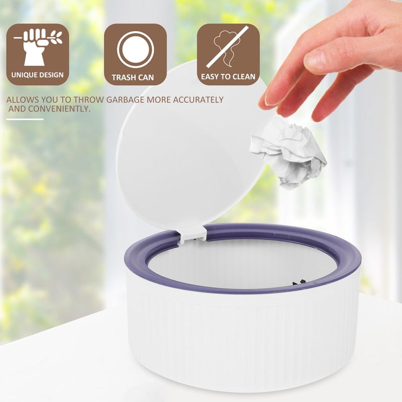 Blue White Plastic Desktop Press Lid Trash Can Compact Garbage Bin For Office Car Home - Image 5