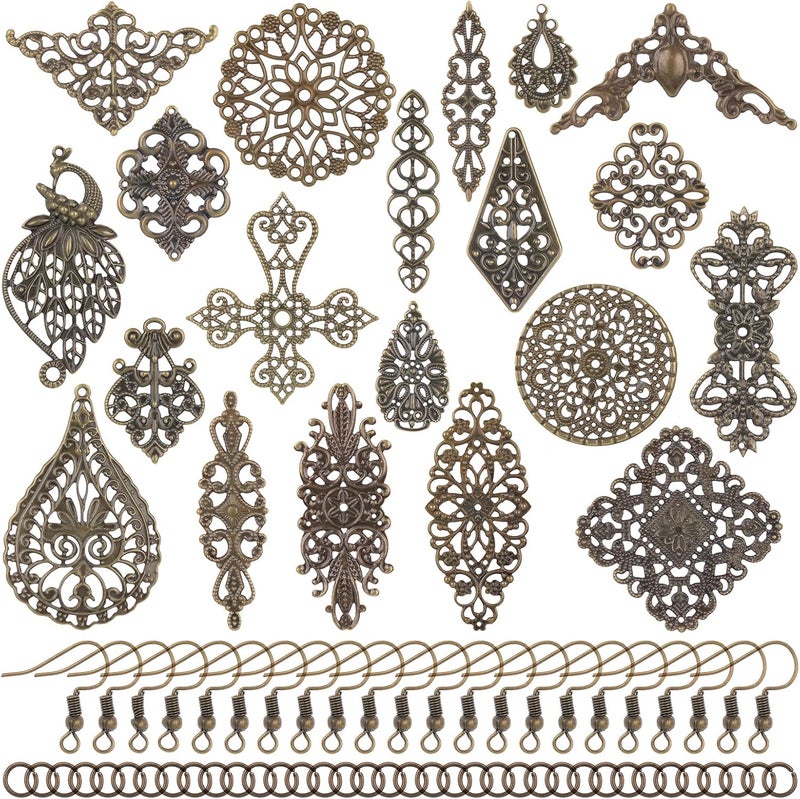 klarako 120 Pieces Filigree Connectors 20 Style Charms Pendants Antique Bronze Decoration Supplies Tibetan Metal Filigree Embellishments for DIY Hairpin Necklace Earring Jewelry Making - Image 1