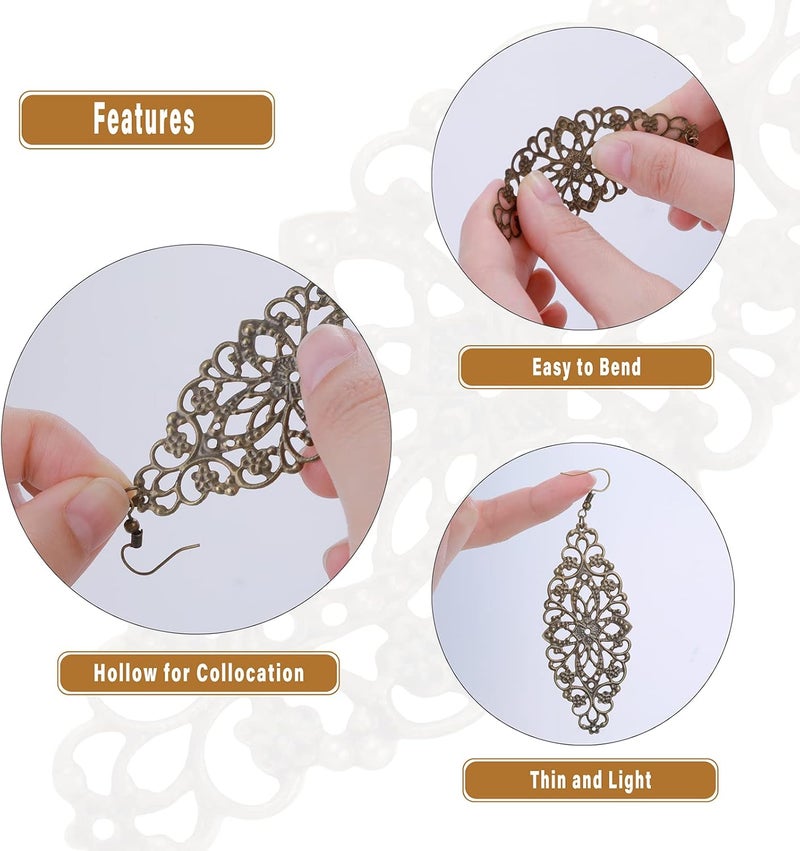 klarako 120 Pieces Filigree Connectors 20 Style Charms Pendants Antique Bronze Decoration Supplies Tibetan Metal Filigree Embellishments for DIY Hairpin Necklace Earring Jewelry Making - Image 3