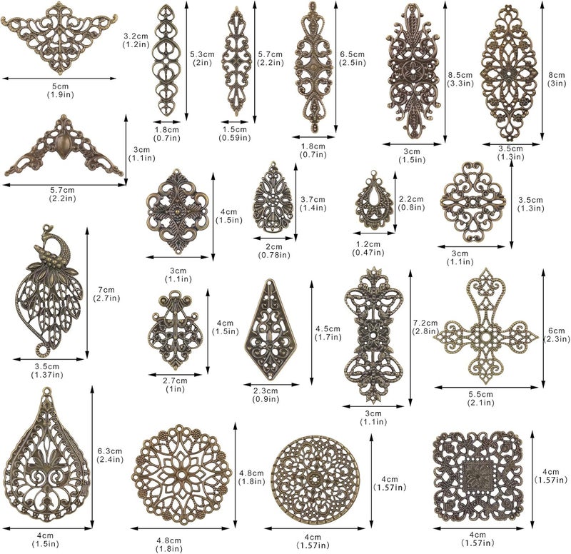 klarako 120 Pieces Filigree Connectors 20 Style Charms Pendants Antique Bronze Decoration Supplies Tibetan Metal Filigree Embellishments for DIY Hairpin Necklace Earring Jewelry Making - Image 2