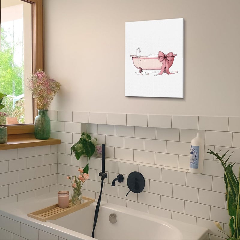 QPVXSST Coquette Pink Bathtub Bathroom Wall Art Decor Preppy Bow Bathtub Picture Artwork Pink Bathroom Wall Decor for Girls Washroom Restroom 8x10 Canvas Framed - Image 5