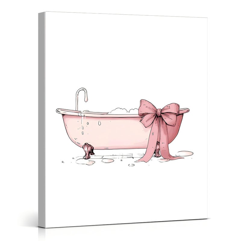 QPVXSST Coquette Pink Bathtub Bathroom Wall Art Decor Preppy Bow Bathtub Picture Artwork Pink Bathroom Wall Decor for Girls Washroom Restroom 8x10 Canvas Framed - Image 1