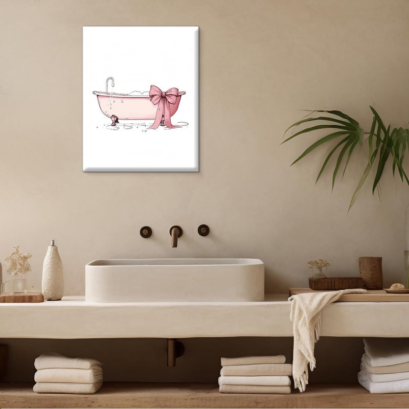 QPVXSST Coquette Pink Bathtub Bathroom Wall Art Decor Preppy Bow Bathtub Picture Artwork Pink Bathroom Wall Decor for Girls Washroom Restroom 8x10 Canvas Framed - Image 4