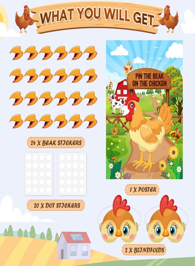 Faccito Farm Animal Games Pin The Beak on The Chicken Barnyard Birthday Party Decorations Farm Poster Games with 24 Stickers Eye Mask for Kids Family School Activities Birthday Party Decor Supplies - Image 3