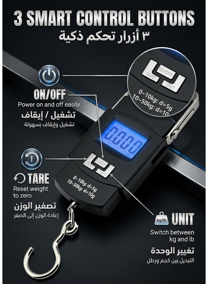 general Digital Luggage Scale 50kg, Portable Hanging Baggage Weight Scale with Blue Backlit LCD Display, Travel Suitcase Weight Checker, Electronic Hanging Scale for Luggage, Bags, Parcels, Groceries & Backpacks - Image 5