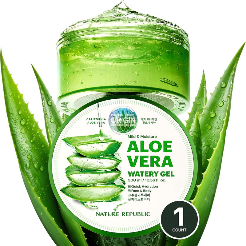 Nature Republic MILD & MOISTURE ALOE VERA WATERY GEL (1 PCS) Quick Hydration & Moisturizing,fast absorbing non-sticky texture,korean skin care for Face,Hair,Sunburn relief, aftershave, all Skin Types - Image 1