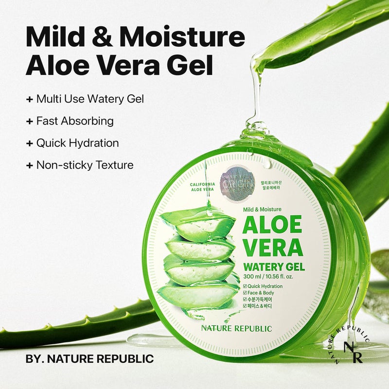 Nature Republic MILD & MOISTURE ALOE VERA WATERY GEL (1 PCS) Quick Hydration & Moisturizing,fast absorbing non-sticky texture,korean skin care for Face,Hair,Sunburn relief, aftershave, all Skin Types - Image 2
