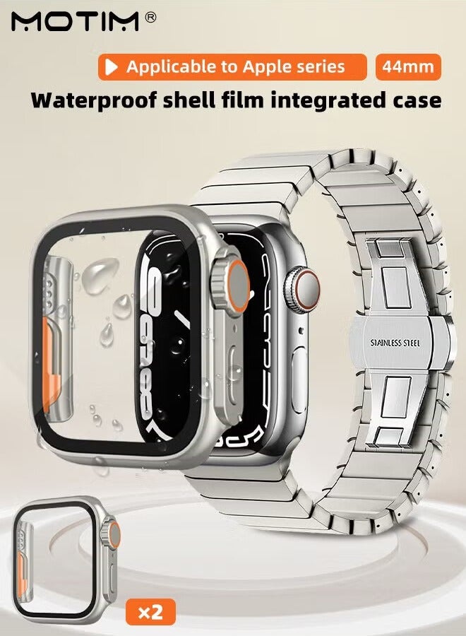 Motim 2 Pcs Apple Watch Series 9/8/7/6/5/4/SE 2, 44mm Case with Tempered Film Screen Protector, Waterproof Full Protective Hard PC Bumper Cover, 44mm - Image 1