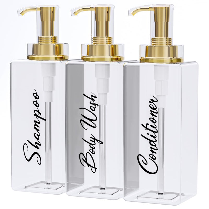 Akalin Shiny Shampoo and Conditioner Dispenser 16oz Set of 3 Refillable Shampoo and Conditioner Shiny Bottles with Pump 3 Clear Body Wash Dispenser for Shower Gold Soap Dispenser Bathroom Clear