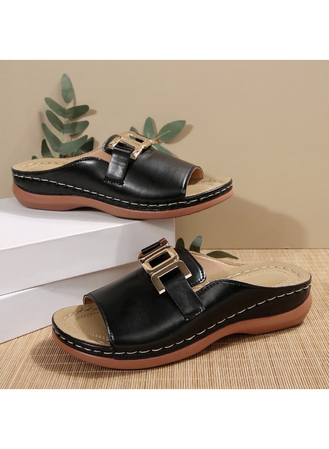 European And American Plus-size Women's Shoes, New Summer Models Solid Color Round-toe Metal Chain Casual Outdoor Slip-on Sandals For Women