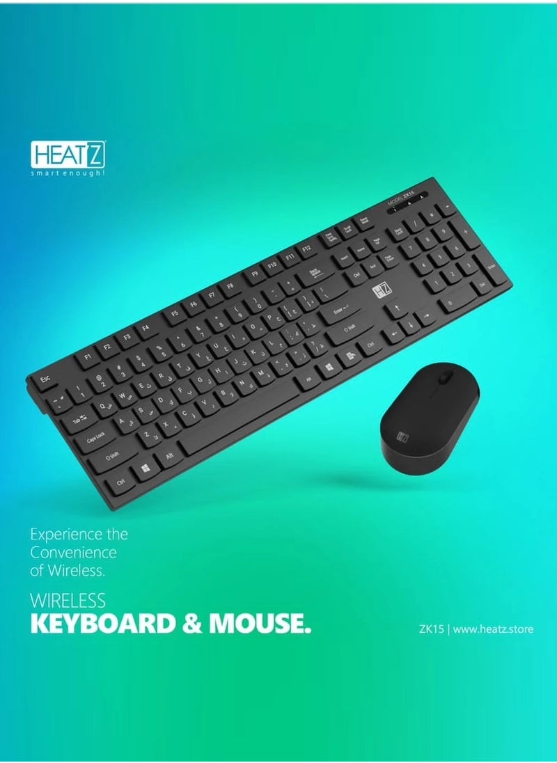 HEATZ Premium Wireless Keyboard and Mouse, Anti-Fade & Spill-Resistant Keys,1600 DPI Mouse, English, Arabic|  ZK15 BLACK  - Image 1