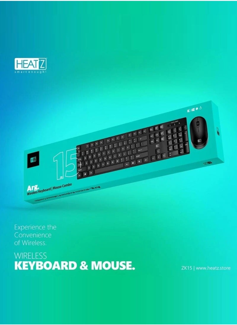HEATZ Premium Wireless Keyboard and Mouse, Anti-Fade & Spill-Resistant Keys,1600 DPI Mouse, English, Arabic|  ZK15 BLACK  - Image 2
