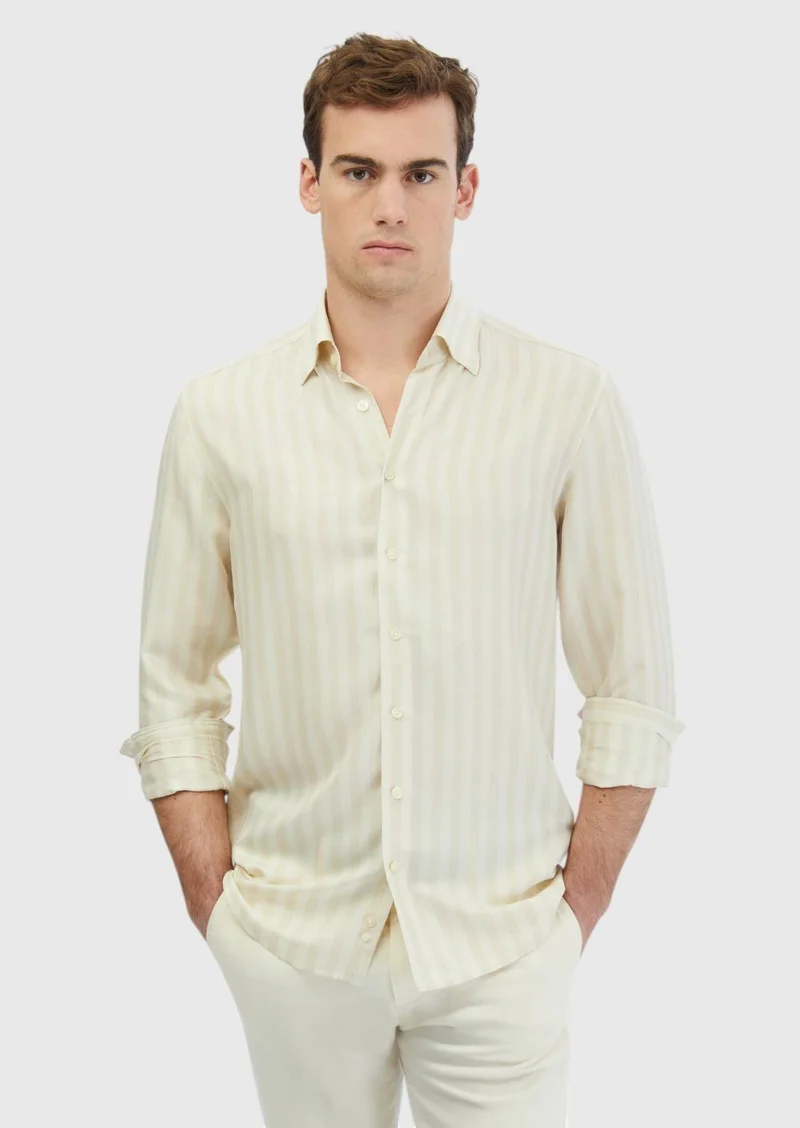 RAMSEY Ecru Striped Casual Fit Long Weaving Casual Shirt