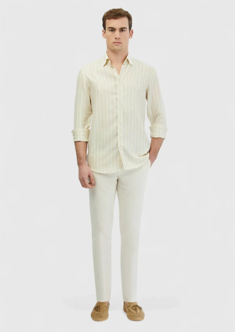 RAMSEY Ecru Striped Casual Fit Long Weaving Casual Shirt