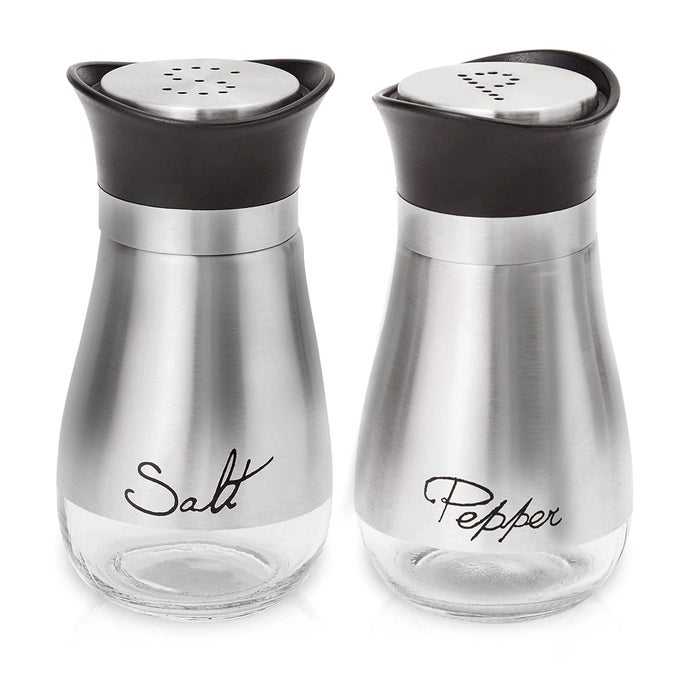 SALT AND PEPPER SHAKERS SET SALT CONTAINERS FOR GIFTS KITCHEN DECOR WITH STAINLESS STEEL AND GLASS BOTTLE SET OF 2