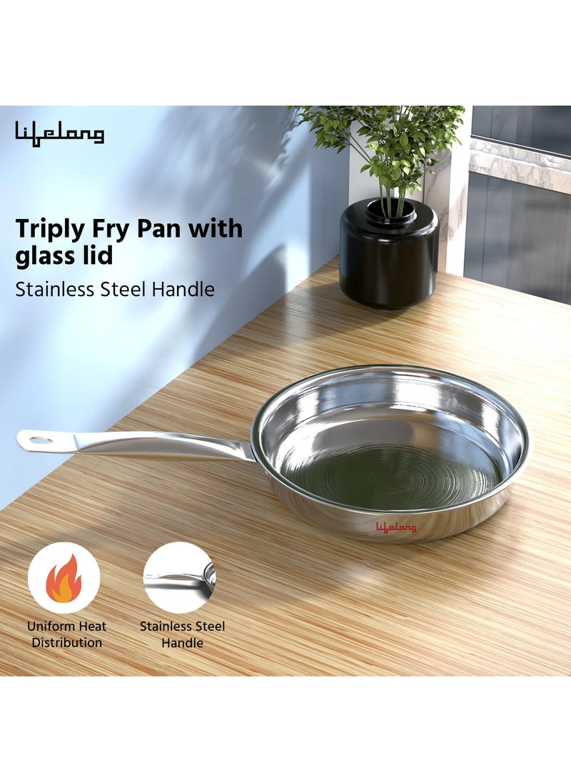 Lifelong Lifelong Tri Ply Fry Pan - 22 cm Stainless Steel Frying Pan with 1.25 Litre Capacity - Induction & Gas Compatible Cookware - Durable, Even Heating for Searing, Frying, and Sautéing (Silver)  - Image 2