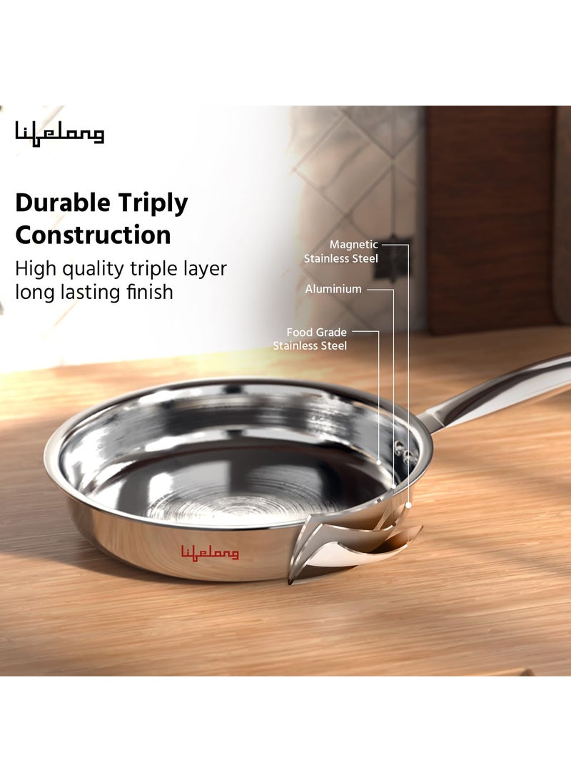 Lifelong Lifelong Tri Ply Fry Pan - 22 cm Stainless Steel Frying Pan with 1.25 Litre Capacity - Induction & Gas Compatible Cookware - Durable, Even Heating for Searing, Frying, and Sautéing (Silver)  - Image 5