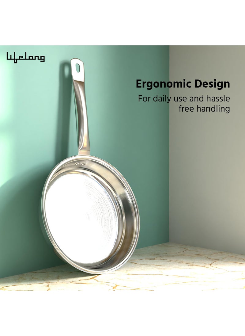 Lifelong Lifelong Tri Ply Fry Pan - 22 cm Stainless Steel Frying Pan with 1.25 Litre Capacity - Induction & Gas Compatible Cookware - Durable, Even Heating for Searing, Frying, and Sautéing (Silver)  - Image 3