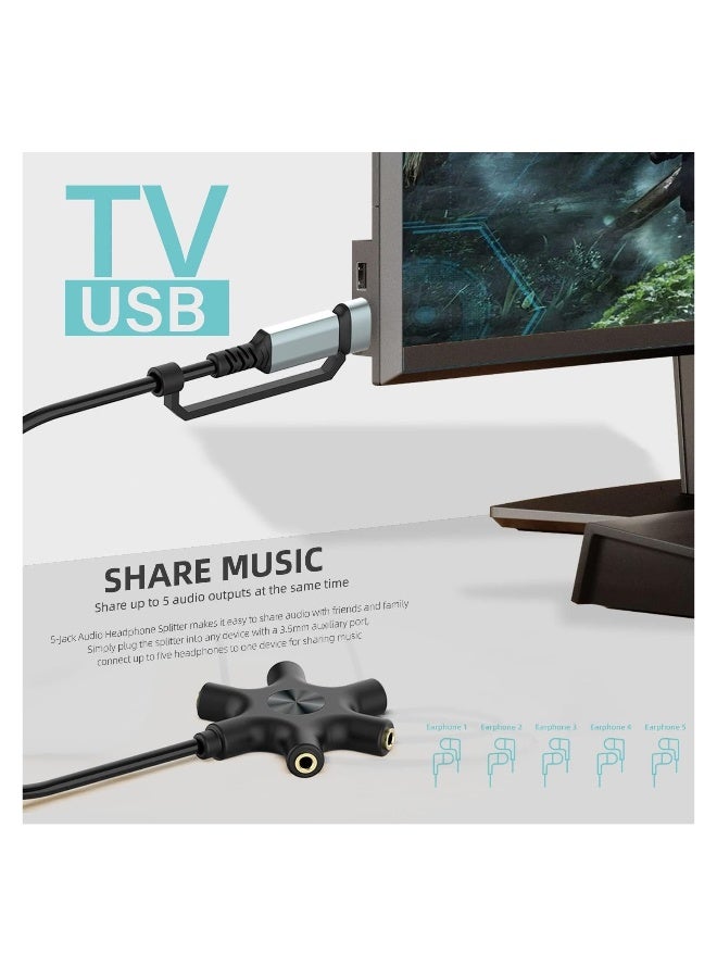 USB A/C To Headphone Splitter, 1 Pack 5-Jack 3.5 Mm Audio Headphone Splitter, Stereo Audio Headset Adapter, Audio Earbuds Earphones Plug 5 Way 1 Male To 4 Female Splitter, with 3.5mm Stereo Cable - Image 3