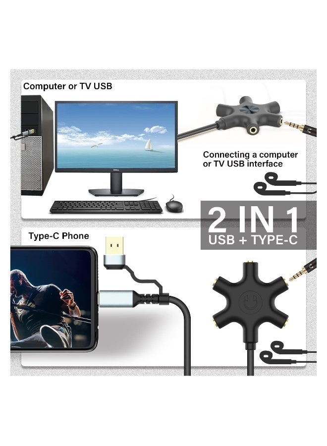USB A/C To Headphone Splitter, 1 Pack 5-Jack 3.5 Mm Audio Headphone Splitter, Stereo Audio Headset Adapter, Audio Earbuds Earphones Plug 5 Way 1 Male To 4 Female Splitter, with 3.5mm Stereo Cable - Image 5