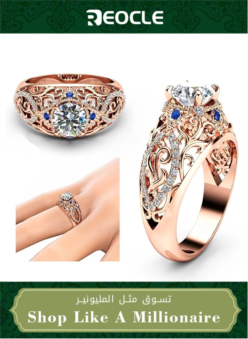 ريوكل خاتم نسائي مع زهور مفتوحة عتيقة، خاتم كريستالي مقلد من الألماس وخاتم مقطوع بشكل دائري، هدايا مجوهرات لأعياد الميلاد والذكرى السنوية للزواج - Image 1