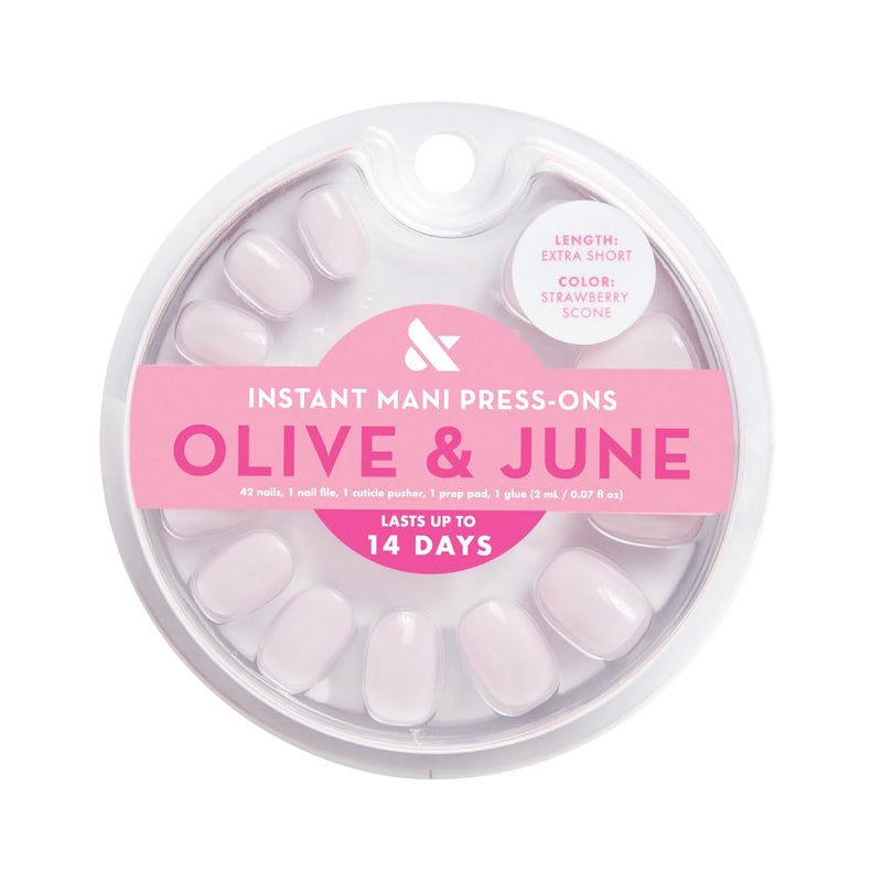 Olive & June أظافر أوليف وجون الفورية القابلة للصق (غراء) | 42 ظفر مزيف، 21 حجم | مواد معاد تدويرها غير سامة وطويلة الأمد بمظهر واقعي | زهور ونقوش الربيع | قصيرة جداً، مستديرة | سكون الفراولة - Image 2
