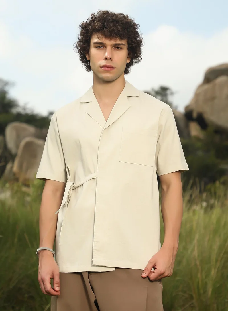 Campus Sutra Men's Cream Beige Korean Wrap Shirt