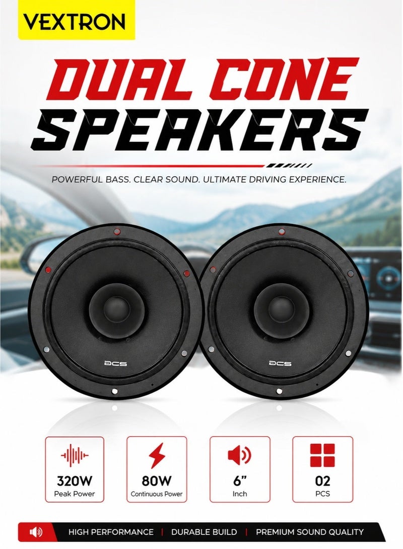 VEXTRON 6 Inch Dual Cone Car Speakers 320W Max 80W RMS | 160mm Full Range Audio Speaker Pair | High Sensitivity 90dB | Universal Vehicle Door Mount - Image 2