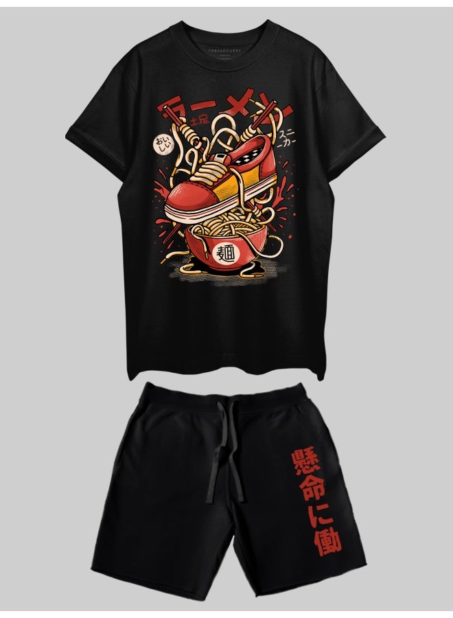 THREADCURRY THREADCURRY Ramen Knots Printed Co-ord Set for Men - Half Sleeve Oversized T-Shirt and Shorts  - Image 1
