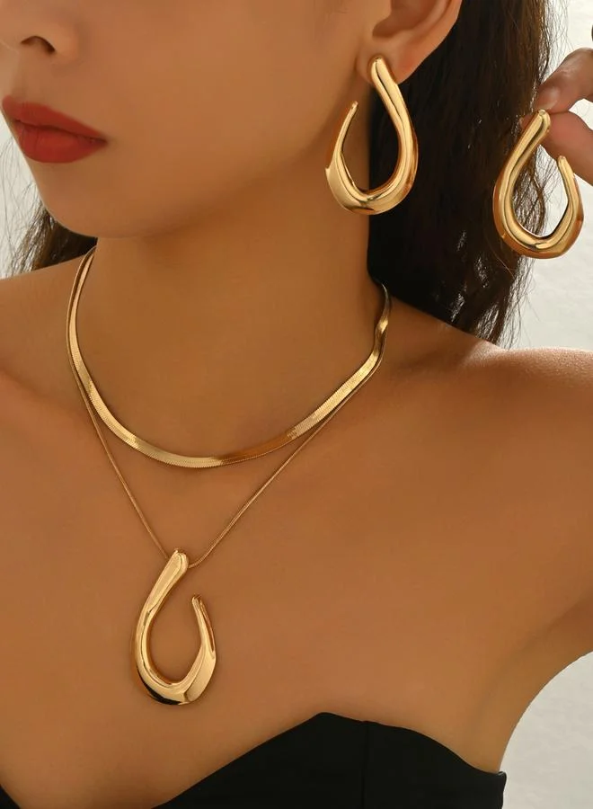 تايك تو طقم من عقد وأقراط ذهبية متعددة الطبقات بتصميم دمعة