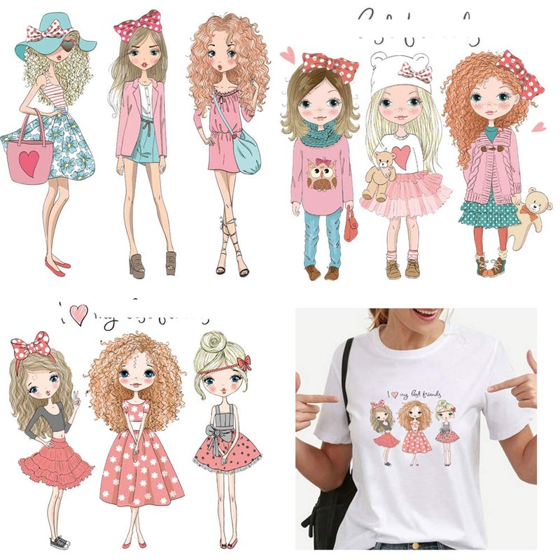 Hot Beautiful Girls Iron on Patches 3Pcs Legt Friends Fashion Girls Heat Transfer Stickers Decals for Girl Women TShirt Jeans Backpacks Families Clothing Hat DIY Applique