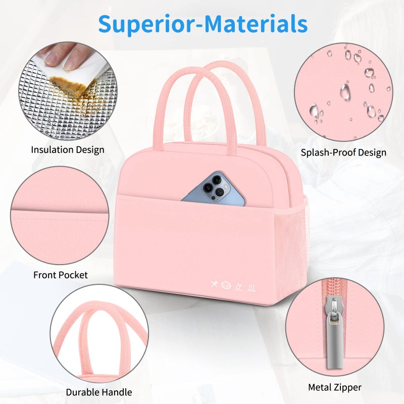 Dalinda Lunch Bag Lunch Box For Women Men Reusable Insulated Lunch Tote Bag Leakproof Thermal Cooler Sack Food Handbags Case High Capacity For Travel Work Picnic Beach- Pink - Image 2