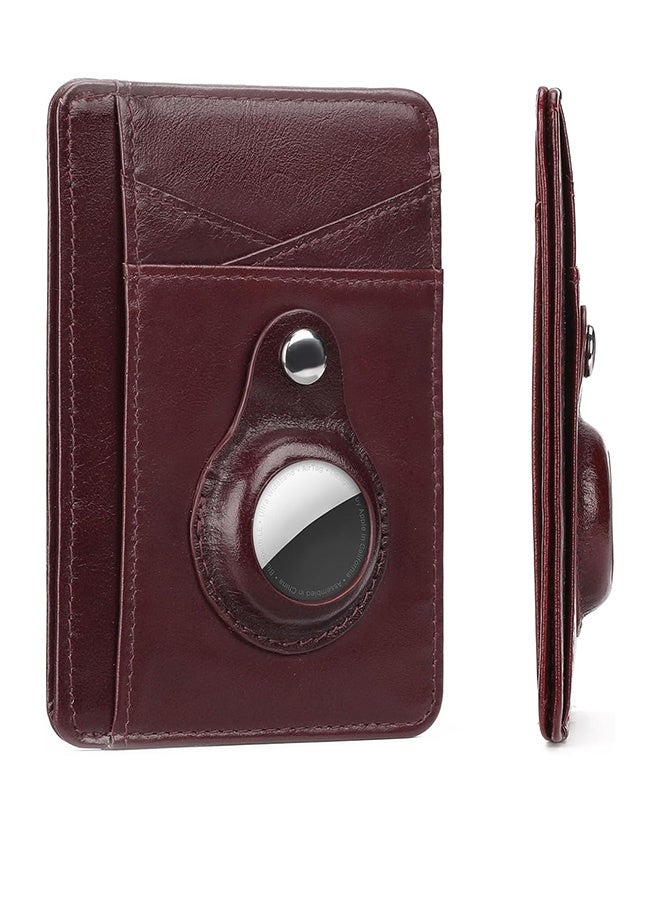محفظة AirTag رفيعة من الجلد الطبيعي، مزودة بمشبك نقود مانع لتقنية تحديد الهوية بموجات الراديو للرجال والنساء، وحامل بطاقات ائتمان خفيف الوزن (أحمر نبيذي) - Image 1