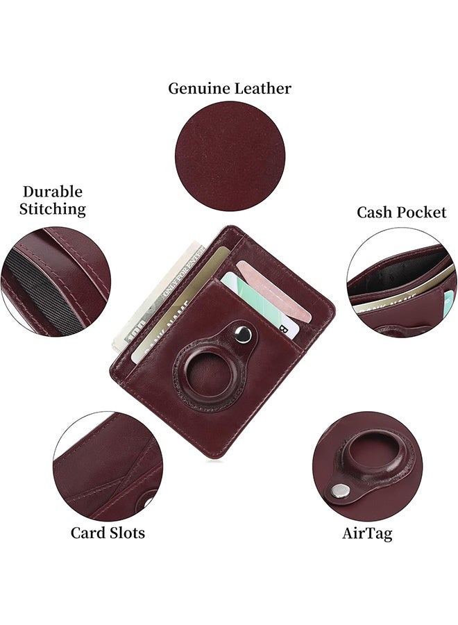 محفظة AirTag رفيعة من الجلد الطبيعي، مزودة بمشبك نقود مانع لتقنية تحديد الهوية بموجات الراديو للرجال والنساء، وحامل بطاقات ائتمان خفيف الوزن (أحمر نبيذي) - Image 4