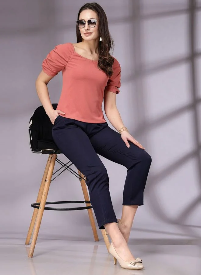 Freehand Freehand Women Pink Fitted Solid Top with Ruched Sleeves
