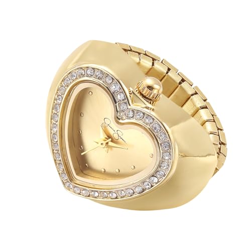 Jessica Simpson Womens Gold Adjustable Ring Watch Crystal Heart Shaped Bezel Quartz Analog Mini Dial Stretch Band Fashion Jewelry Accessory - Image 1
