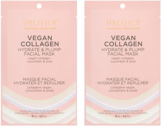 Pacifica Beauty Vegan Collagen Hydrate  Plump Face Mask Sheet Mask Set Skincare Moisturizer Hydrated Dewy Skin Cucumber  Aloe For Dry  Aging Skin 2 Pack Vegan