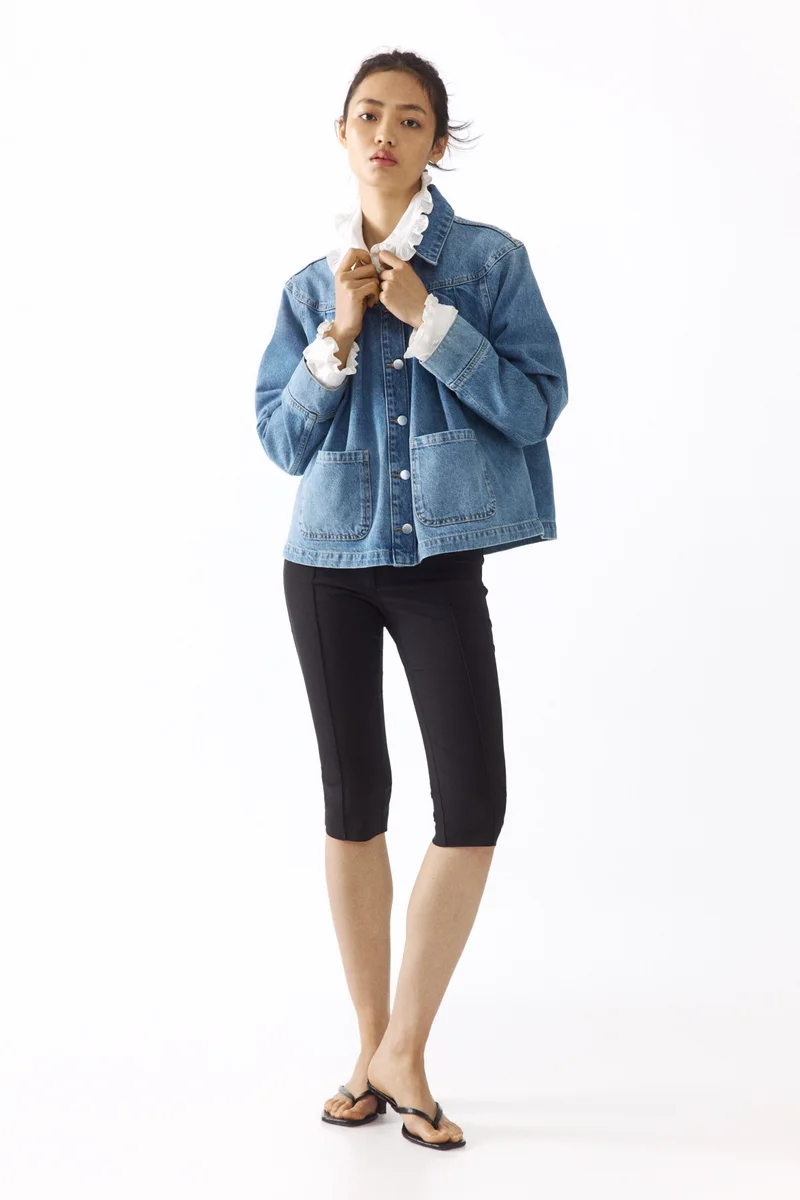 Oversized pleated denim jacket
