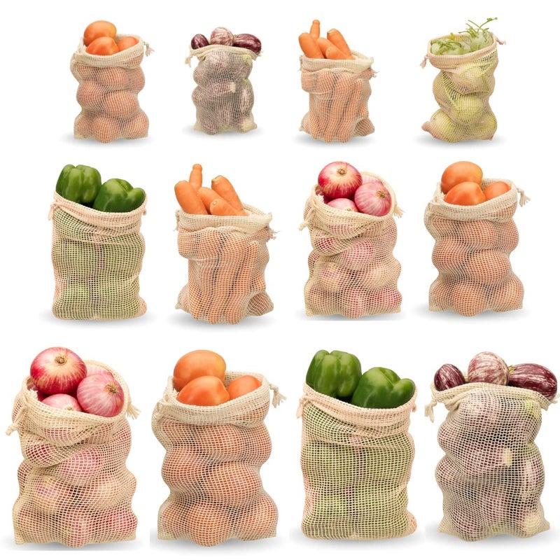 Dcluttr Cotton Mesh Vegetable Bag For Fridge Set of 12 EcoFriendly Drawstring Fridge Storage Bags Vegetable Storage Bags for Refrigerator Reusable Produce Bags S4pcM4pcL4pc - Image 1