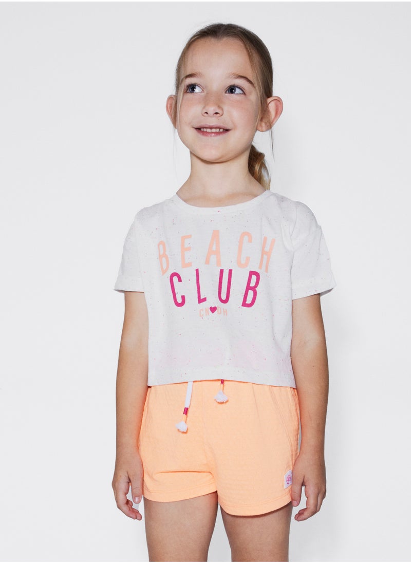 CANADA HOUSE - Soft and Comfortable Beach Club Printed White T-shirt with Short Sleeves and Round Neckline for Girls - Image 1