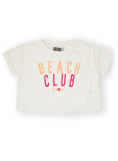 CANADA HOUSE Soft and Comfortable Beach Club Printed White T-shirt with Short Sleeves and Round Neckline for Girls