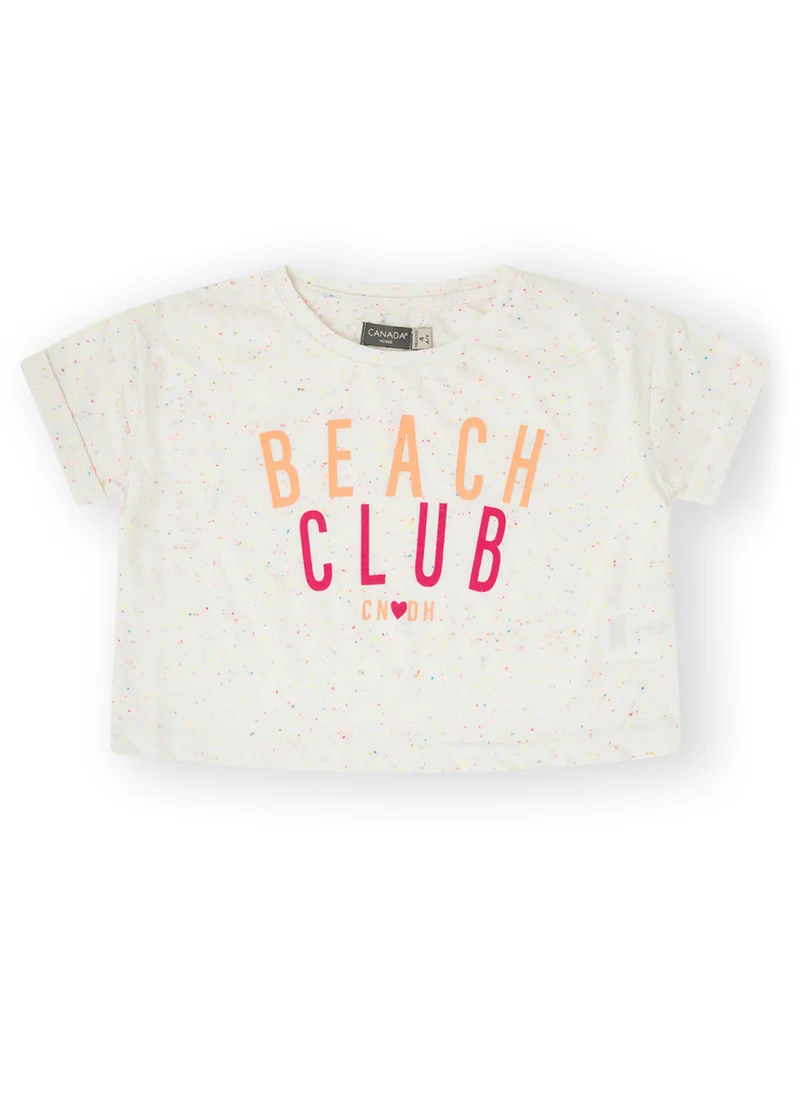 CANADA HOUSE Soft and Comfortable Beach Club Printed White T-shirt with Short Sleeves and Round Neckline for Girls