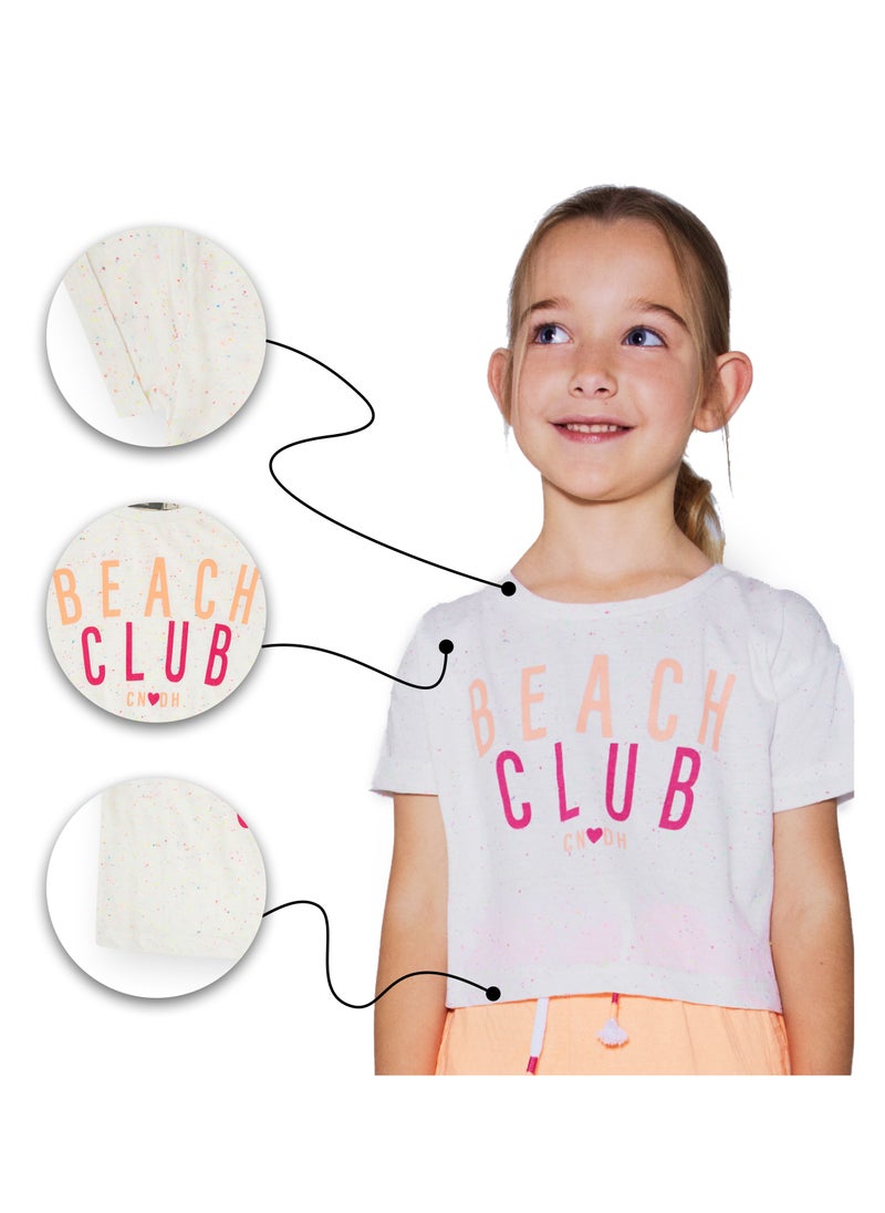 CANADA HOUSE - Soft and Comfortable Beach Club Printed White T-shirt with Short Sleeves and Round Neckline for Girls - Image 1