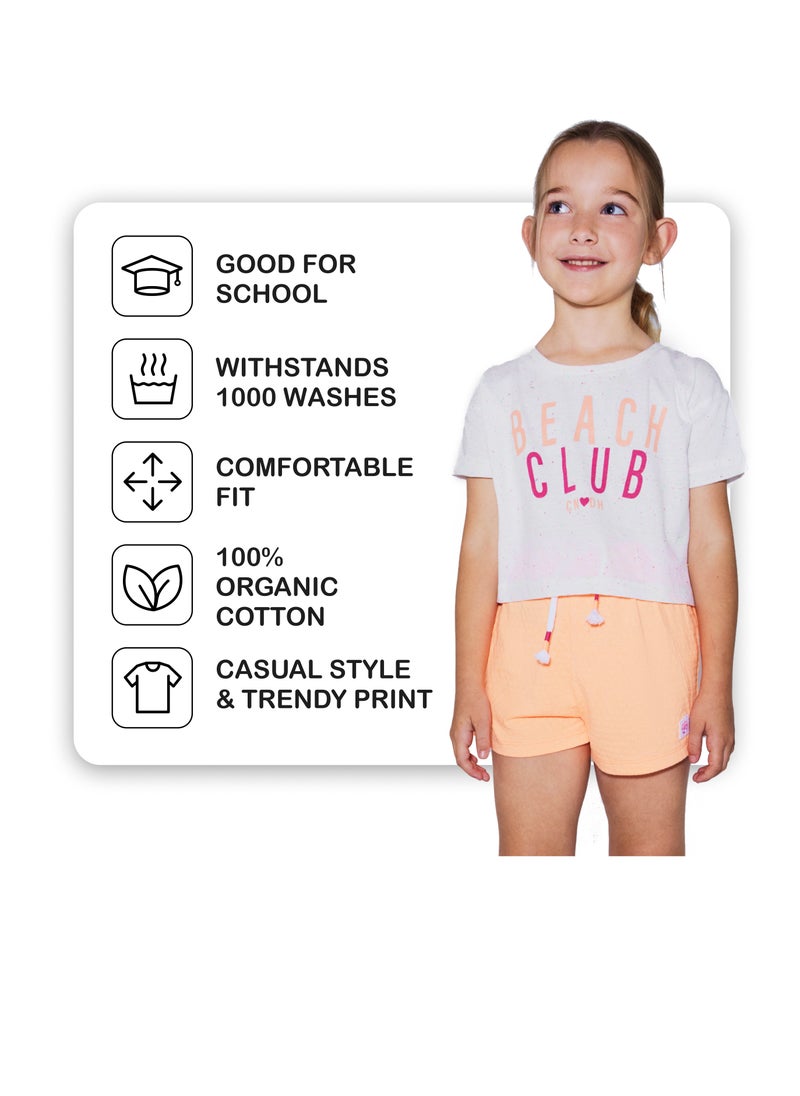 CANADA HOUSE - Soft and Comfortable Beach Club Printed White T-shirt with Short Sleeves and Round Neckline for Girls - Image 1