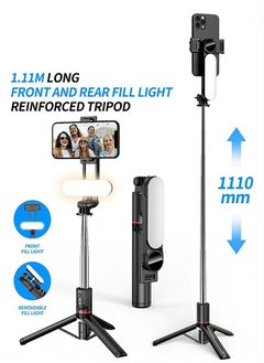 43.7“Selfie Stick Tripod, Extendable Tripod with Rechargeable Bluetooth Remote,Removable fill light， Compatible with iPhone and Android Smartphones, Perfect for Travel, Vlog, Video and Photo, Black