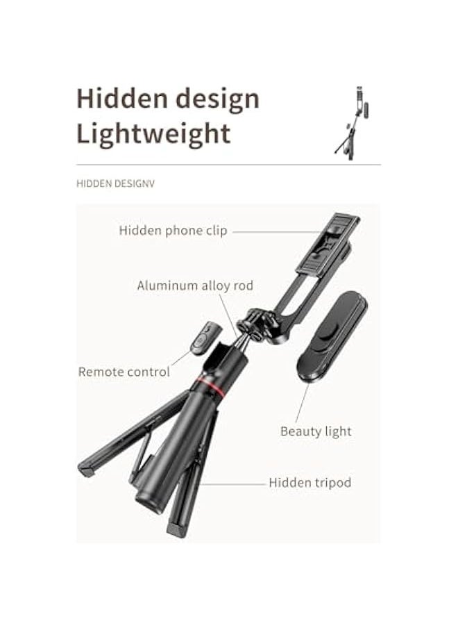 Generic - 43.7“Selfie Stick Tripod, Extendable Tripod with Rechargeable Bluetooth Remote,Removable fill light， Compatible with iPhone and Android Smartphones, Perfect for Travel, Vlog, Video and Photo, Black - Image 1