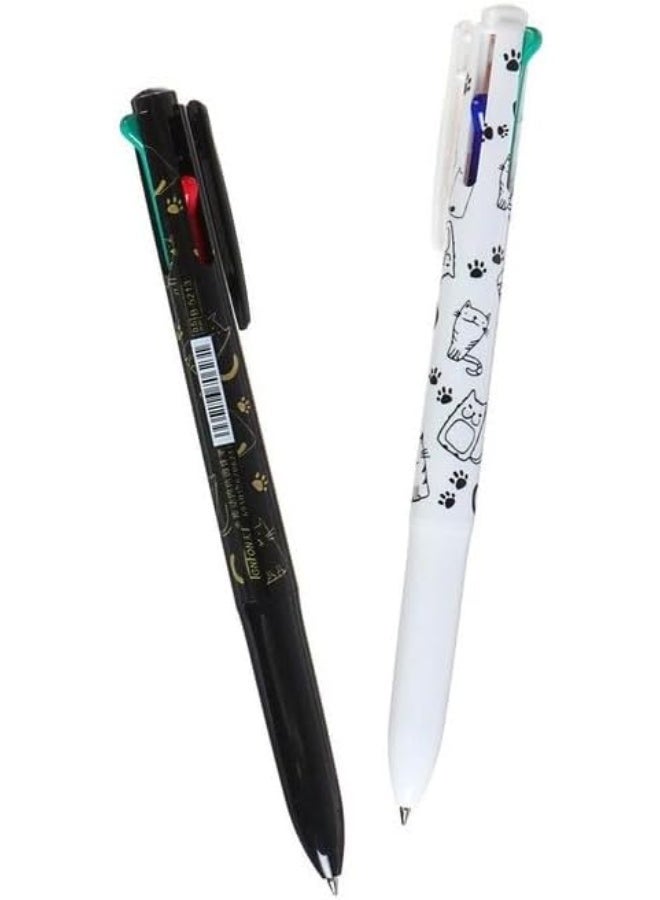 Generic Cat Design Ballpoint Pens 4in1, Black and White with Paw Print Pattern, 2Pcs - Image 1