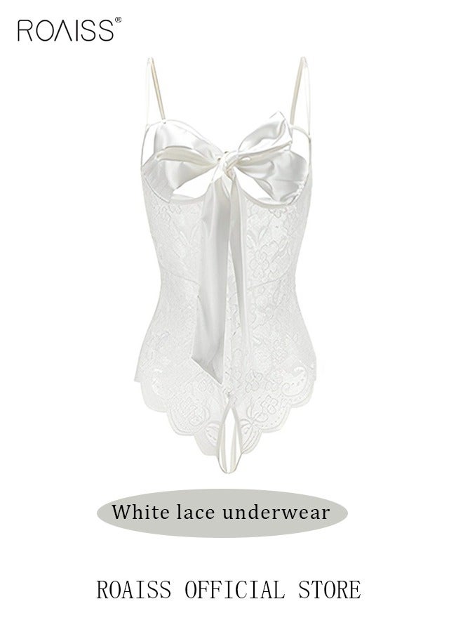 roaiss Sweet Lingerie Women Lace One-Piece Underwear Uniform Bowknot Bodysuit White - Image 1
