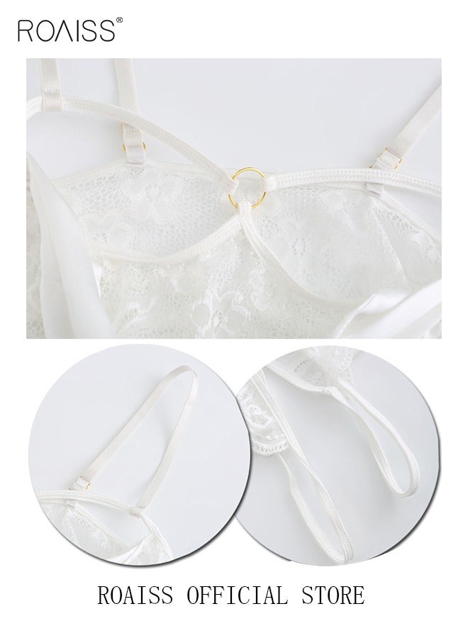 roaiss Sweet Lingerie Women Lace One-Piece Underwear Uniform Bowknot Bodysuit White - Image 2